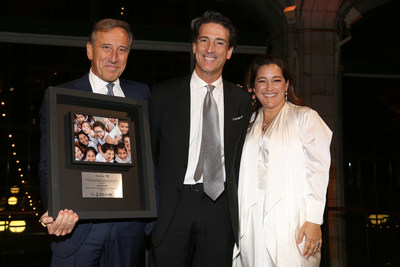Glasswing board chair John Moore with Millicom (Tigo) CEO Mauricio Ramos and Glasswing co-founder Celina de Sola at the 2022 Glasswing Gala in New York City // Photo credit: Sylvain Gaboury/Patrick McMullan via Getty Images