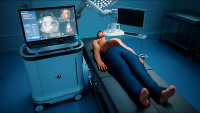 Image of Edison system, currently under development, positioned over patient to deliver non-invasive histotripsy
