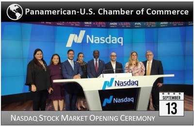 Picture: PANAMUS Chairman William Martinez de Velasco, Exe. Dir. Hugo Ganet Senoko and delegation at Nasdaq Stock Market opening celebration, New York City.