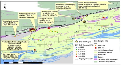 Figure 3: Map of the West Raglan Property Highlighting 2022 Drill Hole Targets - Note: grab samples are selective by nature and values reported may not be representative of mineralized zones. All drilling intervals are down-hole lengths. True thicknesses cannot be estimated with available information. (CNW Group/Orford Mining Corporation) Figure 3: Map of the West Raglan Property Highlighting 2022 Drill Hole Targets - Note: grab samples are selective by nature and values reported may not be representative of mineralized zones. All drilling intervals are down-hole lengths. True thicknesses cannot be estimated with available information. (CNW Group/Orford Mining Corporation)