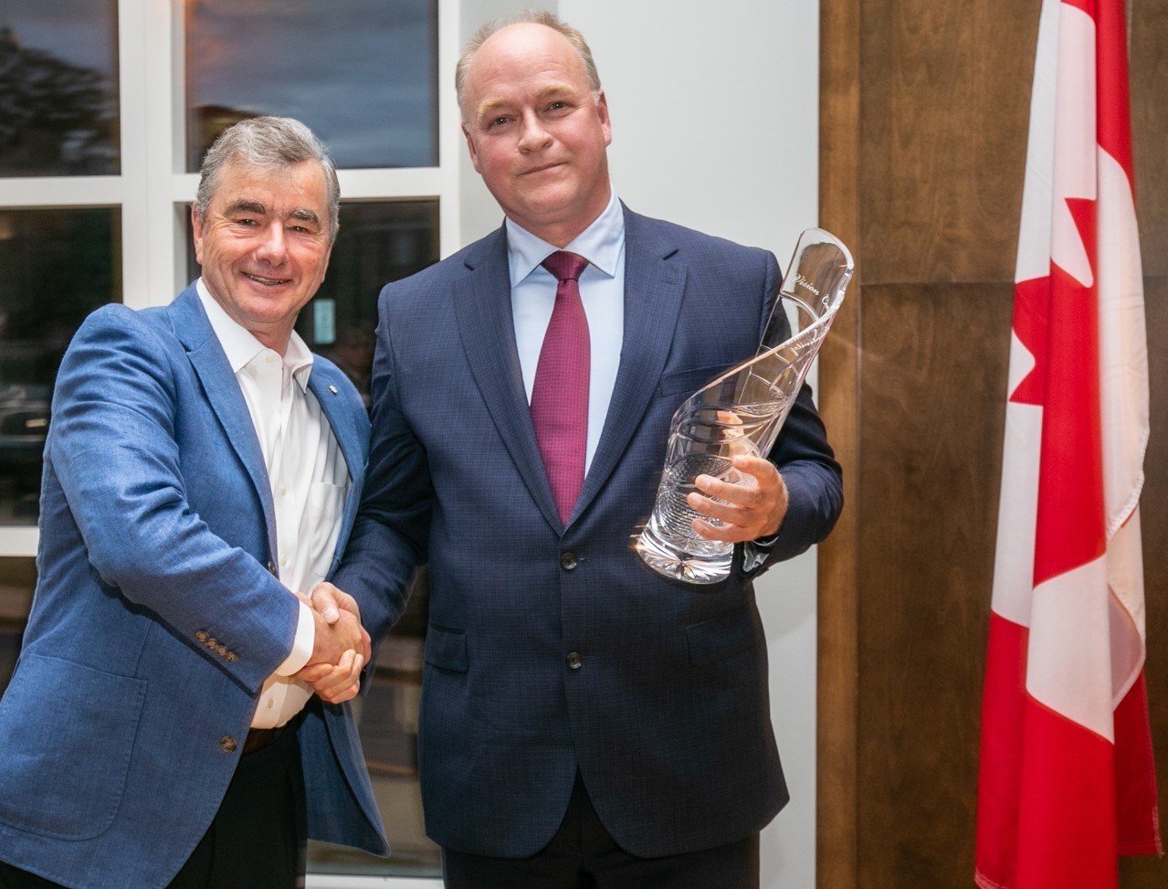 Scott Armour McCrea (right) received the Sixth Annual Samuel Cunard Prize for Vision, Courage and Creativity in Halifax, NS. McCrea is pictured with John Risley, a former recipient of the Prize  (Image at LateCruiseNews.com - September 2022)