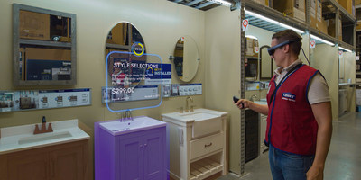 Lowe’s is exploring new use cases with its interactive store digital twin, including augmented reality (AR) reset and restocking support. In this concept photo, a retail associate wears a Magic Leap 2 AR headset to see the digital twin overlaid atop the physical store as a hologram, comparing what a display should look like vs. what it actually looks like.