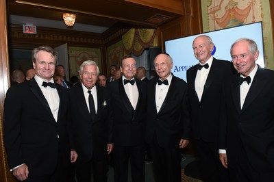 Left to right: Brian Moynihan, Chief Executive Officer, Bank of America; Robert Kraft, Founder, Chairman and Chief Executive Office of the Kraft Group; Mario Draghi, Prime Minister of Italy; Rabbi Arthur Schneier, President and Founder Appeal of Conscience Foundation; Jean-Paul Agon, Chairman of L'Oral; Stephen A. Schwarzman, Chairman, Chief Executive Officer and Co-Founder of Blackstone. (PRNewsfoto/The Appeal of Conscience Foundation)