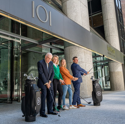 (Left to Right) Peter Kalikow, President of H.J. Kalikow & Co., LLC., Kathryn Kalikow, a principal at H.J. Kalikow & Co., LLC, Nora Dunnan, Five Iron Golf’s Chief Development Officer and Co-Founder and Jared Solomon, Five Iron Golf's CEO, Tee Off at 101 Park Avenue in New York City for new Five Iron Golf location.