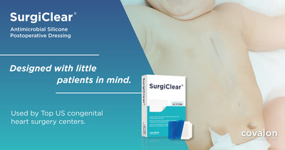 SurgiClear Antimicrobial Silicone Postoperative Dressing. Used by Top US congenital heart surgery centers. (CNW Group/Covalon Technologies Ltd.)