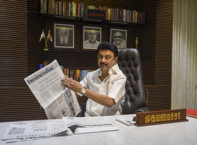Tamil Nadu Chief Minister M.K Stalin reading the redesigned businessline