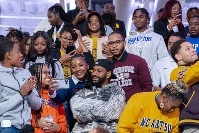 Big Sean, center foreground, hangs out with students participating in the 4th annual Moguls in the Making program, hosted by Ally Financial and the Thurgood Marshall College Fund. Sixty students from 15 HBCUs visited Charlotte Sept. 15-18, with Morehouse College taking home the top prize. Photo credit - Cheldrick Wooding, Ally Financial