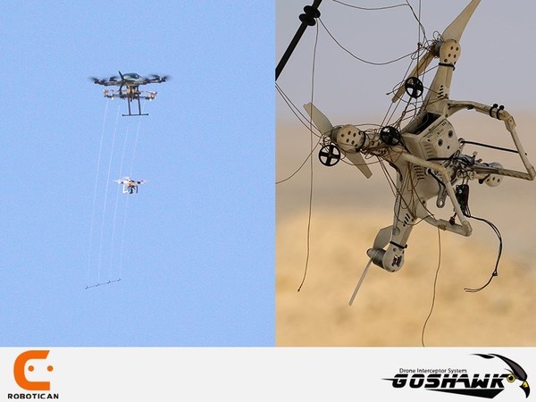 Goshawk system is an autonomous system developed to intercept and capture hostile or unrecognized drones. In the picture – target drone captured by Goshawk system before & after interception.