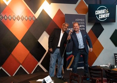 PenFed Chief Information Officer Joe Thomas (left) and PenFed President/CEO James Schenck prepare to perform at the Armed Services Arts Partnership “Combat to Comedy” event at Carolines on Broadway in New York.