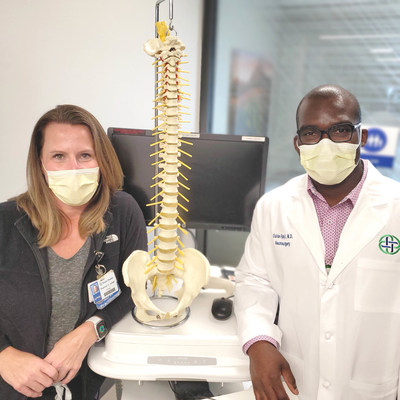 Shannon Carey (left), DNP, ACNP-BC, CNRN, is the hospital's Advanced Spine Surgery and Neurosurgery nurse practitioner and Olaide Ajayi, M.D., serves as medical director of the Spine Program at Texas Health Fort Worth.