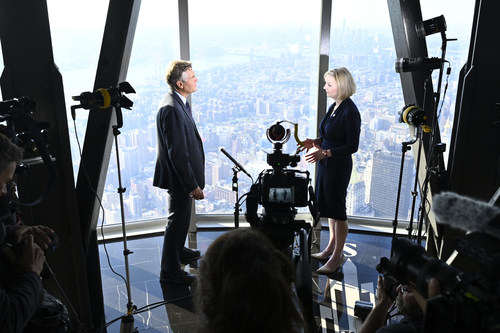 British Prime Minister Liz Truss is interviewed in the 102nd floor observatory of the Empire State Building.