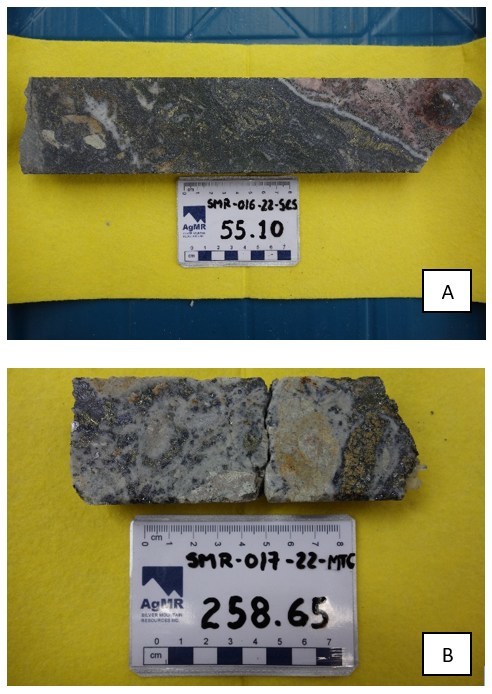 Figure 2: Close-up view of mineralized intervals of drill core; photo A: semi-massive sulphides in brecciated vein, consisting of silver sulpho-salts, sphalerite, galena, chalcopyrite, quartz, rhodochrosite, hole SMR-16-22-SCS, 55.10 m depth; photo B: quartz – sulphide vein displaying brecciation and multi-phase quartz veining, visible sulphides include tetrahedrite, galena, sphalerite, hole SMR-17-22-MTC, 258.65 m depth (CNW Group/Silver Mountain Resources Inc.)
