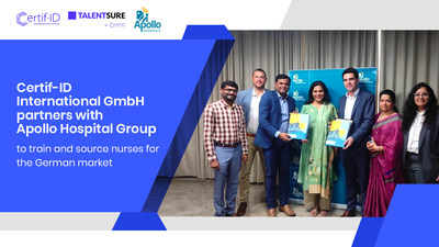 Dr. Sangita Reddy, Joint Managing Director at Apollo Hospitals Group, Dr. Srinivas Rao Pulijala, CEO at Apollo Medskills Limited, and Tim Miller, Co-Founder and Managing Director at Certif-ID International GmbH, sign an agreement to source and train nurses for the German healthcare industry