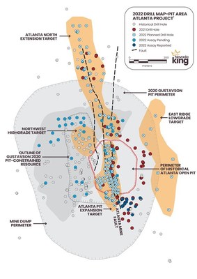 Figure 1. Location of Nevada King’s 2022 completed and planned drill holes as well as Nevada King’s 2021 drill holes relative to historical drill holes and the 2020 Gustavson gold resource zone and pit perimeter. (CNW Group/Nevada King Gold Corp.) Figure 1. Location of Nevada King’s 2022 completed and planned drill holes as well as Nevada King’s 2021 drill holes relative to historical drill holes and the 2020 Gustavson gold resource zone and pit perimeter. (CNW Group/Nevada King Gold Corp.)