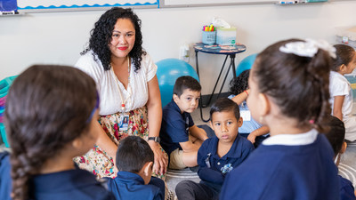 16 large classrooms accommodate flexible seating for 400 students, creating space for students to collaborate, research, problem-solve, and present their work while addressing essential questions and real-world problems. Pictured is Kindergarten teacher, Bernadette Valdivia