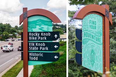 A new wayfinding system has been installed in Watauga County, NC. Using custom illustrations, the front upper 3rd of each sign shows off the unique landscapes of the area while the back celebrates the many outdoor activities available to all.