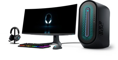 Family photo pictured left to right: Alienware Tri-Mode Wireless Gaming Headset, NEW Alienware Tenkeyless Gaming Keyboard, NEW Alienware 34 Curved QD-OLED Gaming Monitor, Alienware Tri-Mode Wireless Gaming Mouse, NEW Alienware Aurora R15 Gaming Desktop