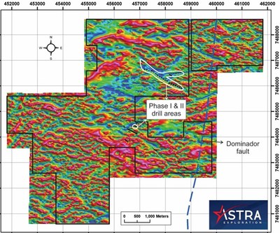 Figure 4: Ground magnetics at Pampa Paciencia Project. White boundary shows areas of focus during Astra’s Phase I and Phase II drilling. (CNW Group/Astra Exploration Limited)
