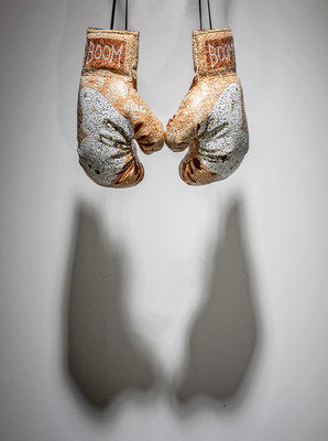 MyLoan Dinh, Boom Boom Butterfly, 2019, Boxing gloves, eggshells, and acrylic, 12.5 x 16 x 4.5 in. Photo by Jeff Cravotta. Courtesy the artist and Museum of Contemporary Art Arlington.