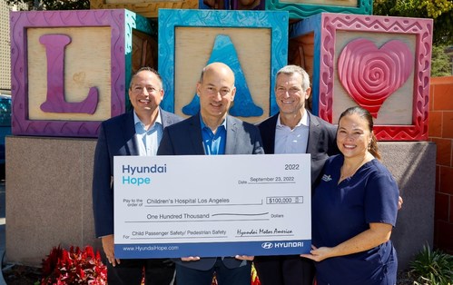 (left to right) Brandon Ramirez, director, corporate social responsibility, Hyundai Motor America, Brian Latouf, global chief safety officer, Hyundai Motor Company, James E. Stein, MD, MSc, FACS, FAAP, senior vice president and chief medical officer, Children's Hospital Los Angeles (CHLA), Helen Arbogast, Helen Arbogast, PhD, MPH, injury prevention program manager, Children's Hospital Los Angeles (CHLA), in Los Angeles, Calif. on September 23, 2022. (Photo/Hyundai)