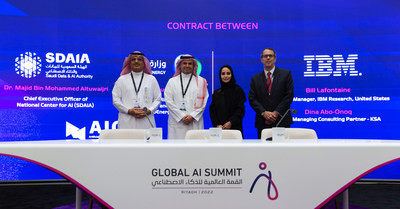 The signing took place at the Global AI Summit, Riyadh, Saudi Arabia. In the picture: Dr. Majid Al-Tuwaijri, the CEO for the National Center for AI, Eng. Ahmed Al-Zahrani, Ministry of Energy’s Assistant Minister for Development and Excellence, Dina Abo-Onoq, Managing Partner, IBM Consulting Saudi Arabia and Bill Lafontaine, General Manager, Intellectual Property and Research, IBM. (Image credit: Global AI Summit)