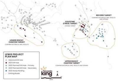 Figure 1. Location of Nevada King’s 2022 completed and planned drill holes as well as Nevada King’s 2021 drill holes relative to historical drill holes at Lewis. (CNW Group/Nevada King Gold Corp.)