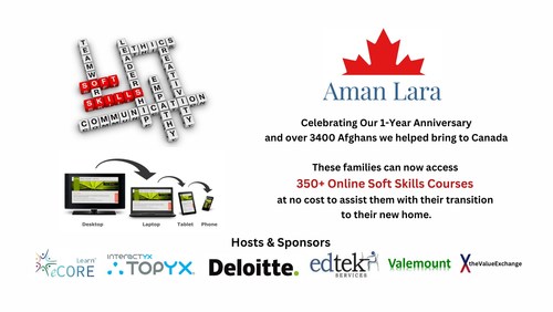 Aman Lara thanks our Hosts + Sponsors: Deloitte Canada, EdTek Services, Topyx, Valemount Consulting, theValueExchange, and LearneCORE for helping us celebrate our 1-Year Anniversary and for helping us make 350 Soft Skills courses available to our Afghan community.
