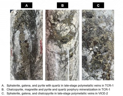 Figure 3: Images of Drill Core for Trap Outlining Late Stage Porphyry Related CBM Veins in A and C, and Porphyry Mineralization in B. (CNW Group/Collective Mining Ltd.)