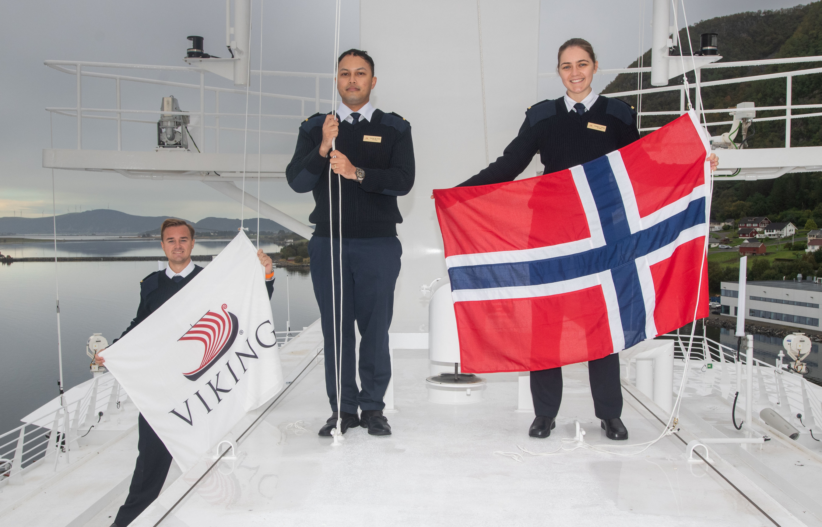 The Viking Polaris crew, pictured here, raising the ship’s new flags following the delivery ceremony. For more information, visit www.viking.com.