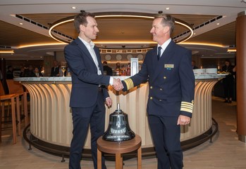 VARD Søviknes Yard Director Arnt Inge Gjerde (left) and Viking Polaris captain Olivier Marien (right) are pictured here on board the Viking Polaris during the ship’s delivery ceremony. For more information, visit www.viking.com.