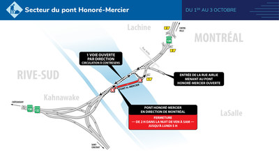 Pont Honor-Mercier : une voie par direction durant la fin de semaine du 1er octobre (Groupe CNW/Ministre des Transports)