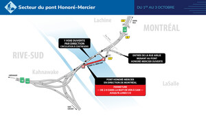 Route 138 entre Kahnawake et Montréal (arrondissement de LaSalle) - Une voie ouverte par direction sur le pont Honoré-Mercier durant la fin de semaine du 1er octobre