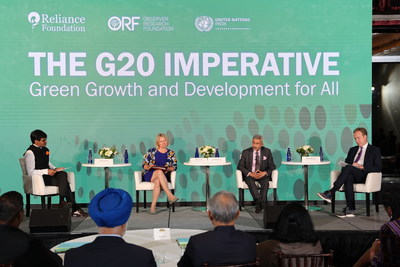 India's External Affairs Minister S Jaishankar (second from right) discusses ‘G20 Imperative’ with UK Minister Vicky Ford (second from left) and WEF President Borge Brende (right). ORF President Samir Saran (left) moderated the discussion.