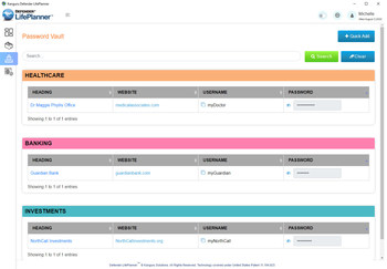 The Defender LifePlanner includes a Password Vault that automatically organizes all of your passwords, usernames, and website links in a convenient list, making it simple and easy to quickly access all of your accounts.