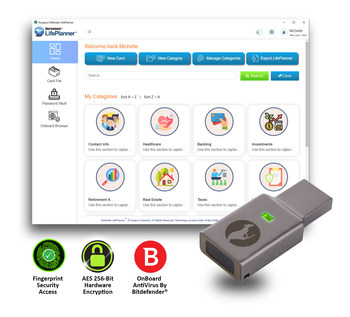 The Kanguru Defender LifePlanner is a unique, ideal data security solution for protecting, organizing, and securing all of your personal information.
