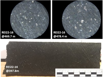 Figure 4 – Reid – Stronger Mineralization Examples – REI22-14, REI22-16 (CNW Group/Canada Nickel Company Inc.)