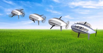 A concept illustration shows the hemi-drone's transition (right to left) from hover to cruise then to high speed levels; From the hover (far right) with vents open the drone accelerates to forward flight via engagement of the pusher prop. As speed increases, the rotors slow to a halt in a fixed, straight-wing position for initial cruise. They can then be rotated aft to achieve a desired sweep angle for high-speed cruise flight and then actively sweep in reverse (far left) for the highest speed.