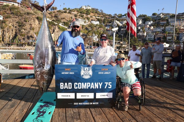 United States military veterans Brent Woodward, Cyndi Miles, and Maggie Bilyeu pose with their catch at the fifth annual War Heroes on Water (WHOW) sportfishing tournament on Monday, Sept. 26, 2022 in Avalon, Calif. Harnessing the healing powers of the ocean and the thrill of team-based competition, this three-day sportfishing tournament off the coast of Southern California helps combat-wounded veterans recover from their physical and emotional wounds. United States military veterans Brent Woodward, Cyndi Miles, and Maggie Bilyeu pose with their catch at the fifth annual War Heroes on Water (WHOW) sportfishing tournament on Monday, Sept. 26, 2022 in Avalon, Calif. Harnessing the healing powers of the ocean and the thrill of team-based competition, this three-day sportfishing tournament off the coast of Southern California helps combat-wounded veterans recover from their physical and emotional wounds.