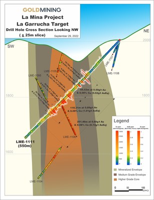 Figure 3 – La Garrucha drill hole Section 3, facing north (see section trace on Figure 2). (CNW Group/GoldMining Inc.)