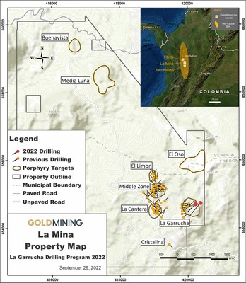 Figure 1 – La Mina Project, deposits and exploration targets, Antioquia, Colombia. (CNW Group/GoldMining Inc.)