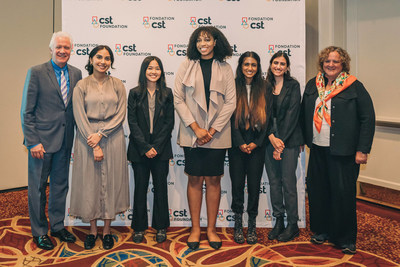 This year's CST Foundation Founders' Awards and Bursaries were celebrated at an in-person event on September 12 in Toronto, ON. Pictured are (Left to right): Peter Lewis, Vice President, CST Foundation, Harpreet Jaswal, Vivian Chu, Etinosa Oliogu, Divya Lad, Maheen Khalid, and Sherry MacDonald, CST Foundation President and CEO. (CNW Group/Canadian Scholarship Trust Foundation)