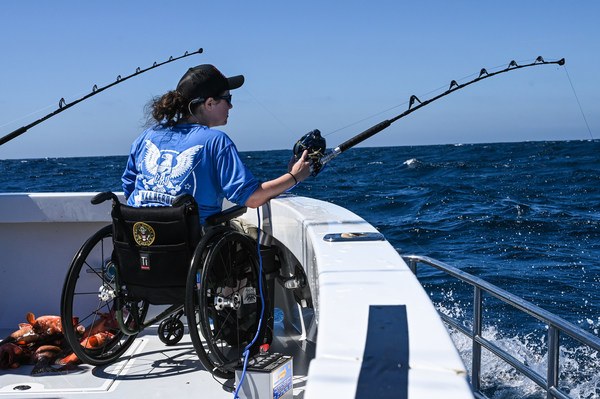 US Army Veteran Maggie Bilyeu fishes aboard the vessel "Bad Company 75" during the fifth annual War Heroes on Water transformative sportfishing tournament. In its largest tournament to-date, the event featured 50 of Southern California’s finest sportfishing vessels and raised well over $1 million. WHOW has raised $5 million since the tournament’s inception, which supports Freedom Alliance’s year-round therapeutic services and scholarships for combat-wounded service members and their families. US Army Veteran Maggie Bilyeu fishes aboard the vessel "Bad Company 75" during the fifth annual War Heroes on Water transformative sportfishing tournament. In its largest tournament to-date, the event featured 50 of Southern California’s finest sportfishing vessels and raised well over $1 million. WHOW has raised $5 million since the tournament’s inception, which supports Freedom Alliance’s year-round therapeutic services and scholarships for combat-wounded service members and their families.