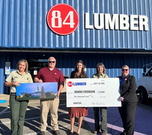 From left to right: Lorie Lewis Stroup, U.S. Capitol Christmas Tree Coordinator, U.S. Forest Service; Ryan Adair, Store Manager, 84 Lumber; Olivia Onderlinde, Corporate Engagement Manager, MANNA FoodBank; Cathy Dowd, Public Affairs Officer, Forest Service, National Forests in North Carolina; Judy Dinelle, Building Ambassador, 84 Lumber