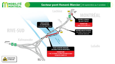 5. Secteur pont Honoré-Mercier, fin de semaine du 30 septembre au 3 octobre (Groupe CNW/Ministère des Transports)