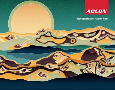 The cover of Aecon’s Reconciliation Action Plan is inspired by McLean’s Lookout in Little Current on Manitoulin Island. It was designed by Karly Cywink, an Objiwe multidisciplinary artist. Karly is originally from Manitoulin Island, and is now based in Toronto, Ontario. (CNW Group/Aecon Group Inc.)