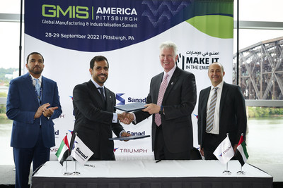 The signing ceremony @GMIS America. From right to left (back) - Thomas Bruns Regional Senior Commercial Officer for the Gulf and Commercial Counselor U.S. Embassy in Abu Dhabi - H.E. Omar Al Suwaidi, Undersecretary of the UAE Ministry of Industry and Advanced Technology From right to left (front): - Daniel J. Crowley, Chairman, President & Chief Executive Officer of TRIUMPH - Mansoor Janahi, CEO of Sanad