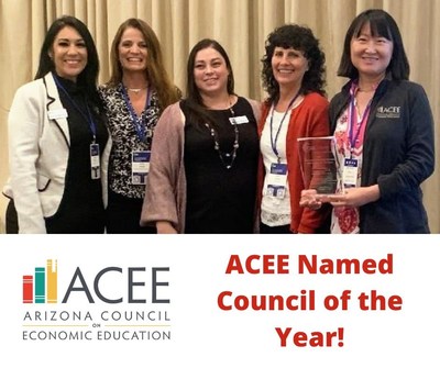 ACEE Council of the Year. Left to Right:  Monica Martinez, Director of Operations and Community Relations, Kathy Pondy, Director of Student Programs, Teresa Mungai, Director of Teacher Programs, Robin Palmer, Director Entrepreneurship and Financial Math, Elena Zee, President and CEO