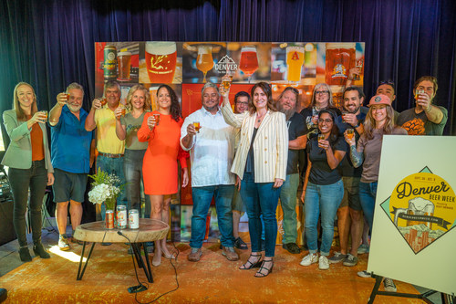 Local craft beer brewers toast the start of the 14th annual Denver Beer Week while at Raices Brewing Company in Denver on Friday, Sept. 30, 2022. (Brent Andeck/For VISIT DENVER)