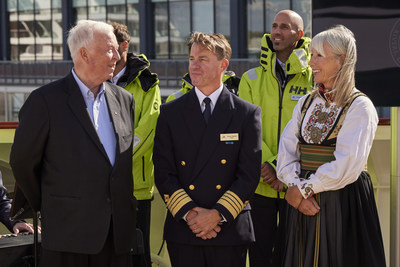 Viking Chairman Torstein Hagen (left) and Viking Executive Vice President Karine Hagen (right) with Viking Polaris Captain Olivier Marien (center). For more information, visit www.viking.com.