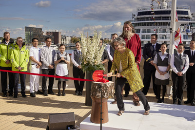 Ann Bancroft, one of the world’s preeminent polar explorers, assists in breaking a bottle of Norwegian aquavit as part the naming of the Viking Polaris in Amsterdam. For more information, visit www.viking.com.